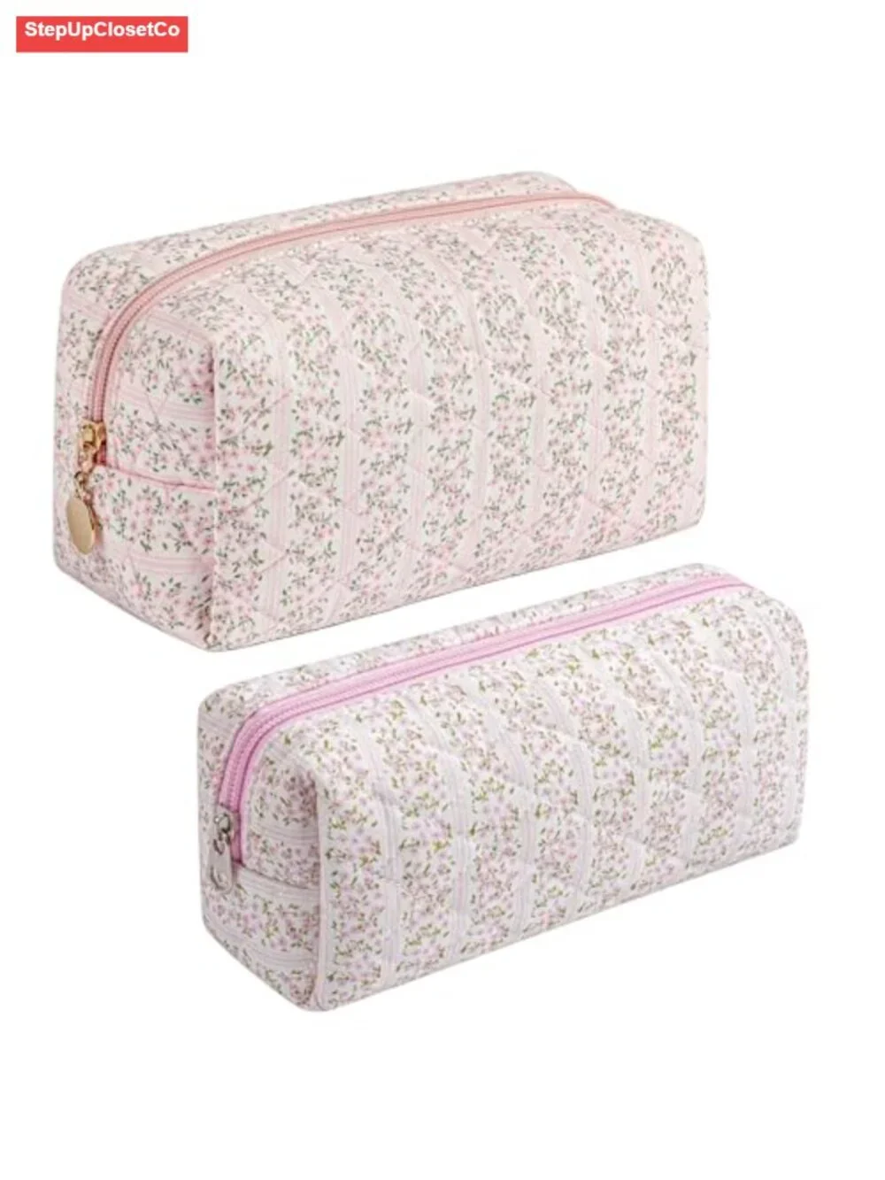 Quilted Cotton Cosmetic Bag Set of 2 - Makeup Travel Storage Organizer with